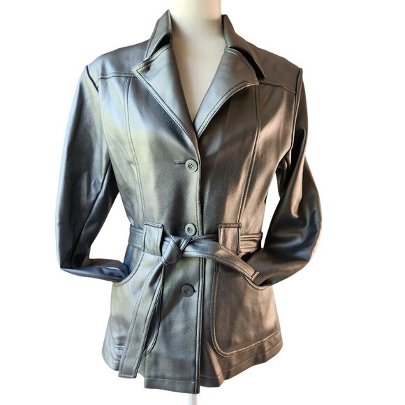 Vintage Y2K BB Dakota Faux Leather Jacket Silver Gray Belted Waist Womens Medium - Picture 5 of 7